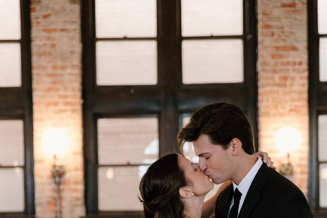 Library wedding kiss
