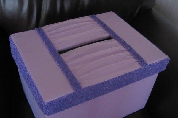 Satin wedding card holder with gathered organza and beaded trim.