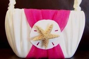 Satin with gathered chiffon flower girl basket accented with center sand dollar and starfish