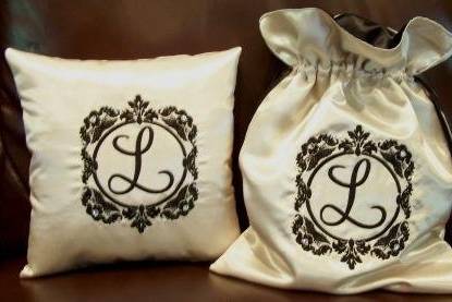 Custom monogram ring bearer pillow and coordinating drawstring money bag