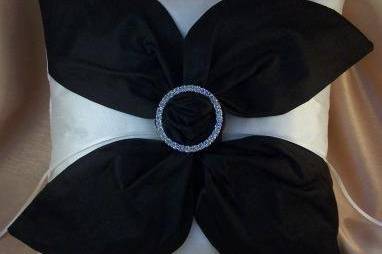 Ivory dupioni silk ring bearer pillow with black dupioni silk love knot accented with center round rhinestone buckle