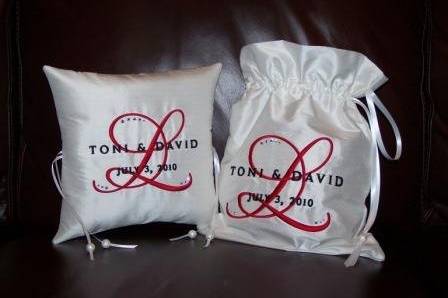 Custom monogram ring bearer pillow and money bag in dupioni silk accented with Swarovski rhinestones