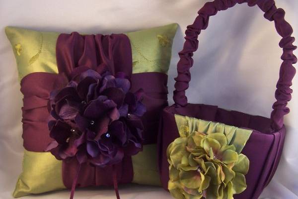 Silk hydrangea ring bearer pillow and matching flower girl basket.
