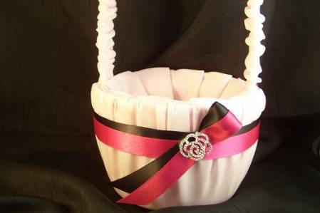 Pink satin flower girl basket with satin ribbons and a Swarovski rhinestone rose accent.
