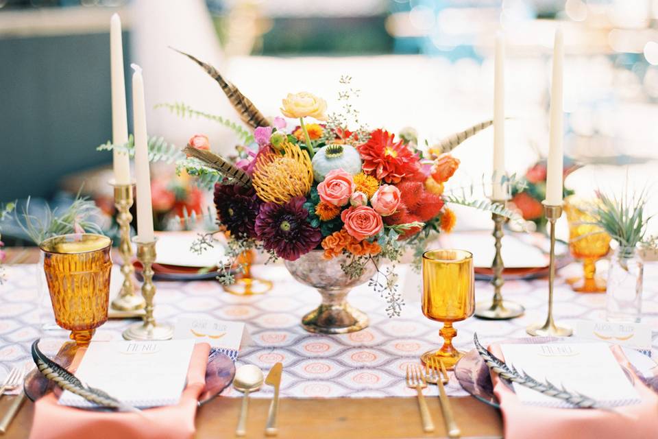 Gold Flatware, Amber Colored Glass, Amethyst Plates, Brass CandlesticksStyling by A Splendid OccasionPhoto by Kina Wicks Photography