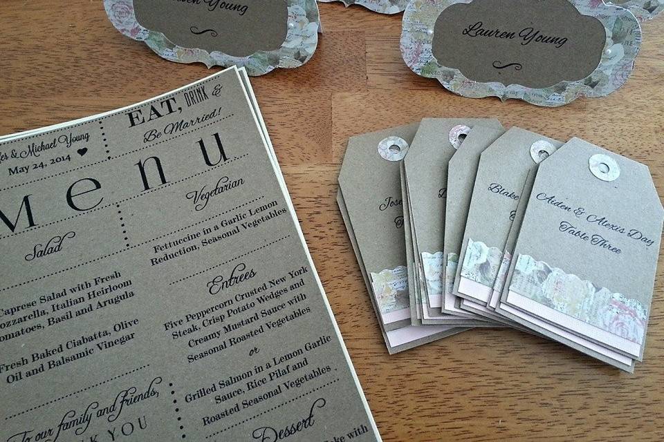 Coordinating menus, place cards and escort cards