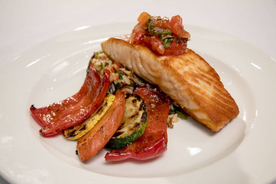 Pan seared faroe island salmon with tomato basil compote