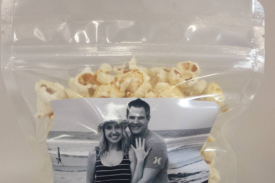 Personalized kettle corn favors used as late night snack at wedding reception in San Diego, California.