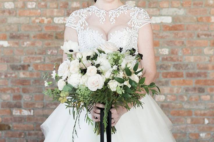 Bridal dress and bouquet