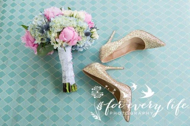 Bridal bouquet and bridal shoes