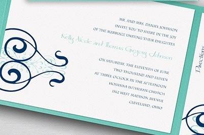 White and teal invites
