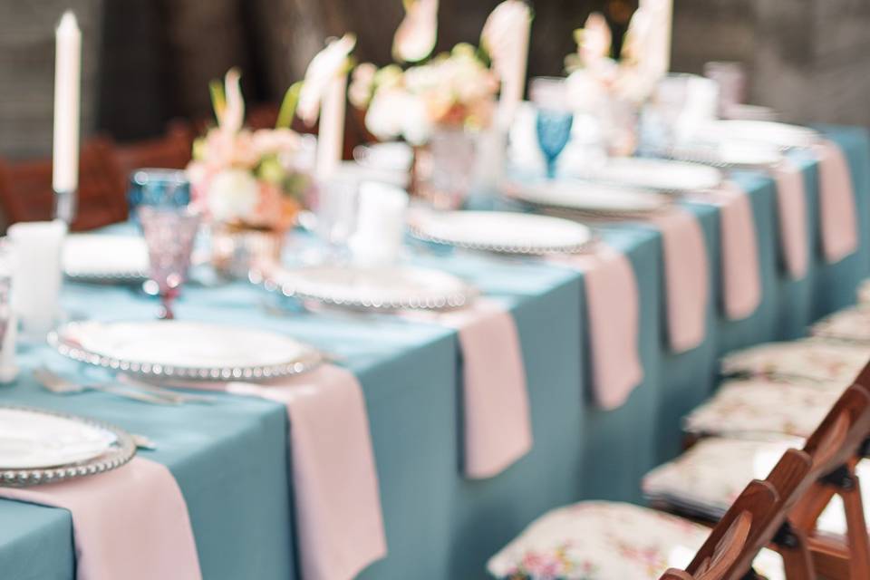Blue Table Cloth w/ Pink Accen