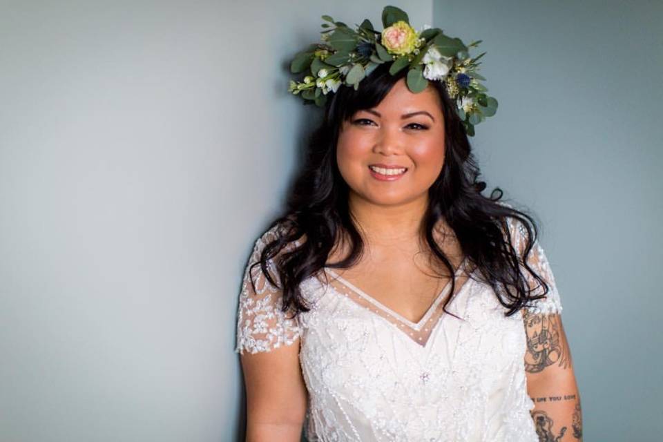 Bride wearing flower crown