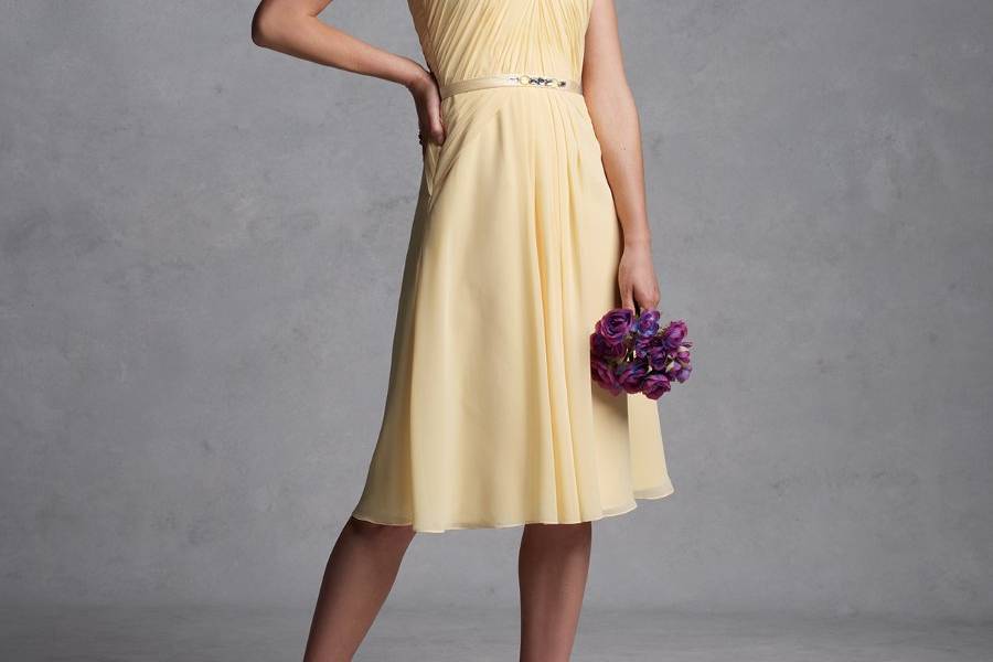 BY11162T
Chiffon V-neck halter tea-length dress with ruched bodice, side accents, narrow satin waistband with jeweled accents and corset back. Matching shawl included. Available in all chiffon colors.