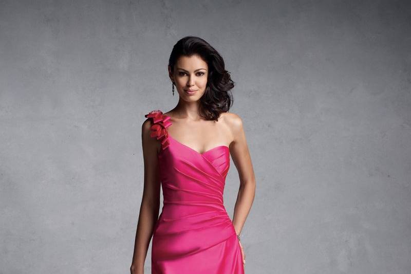 BY11176
One-shoulder satin A-line gown with bow accent on shoulder strap, ruched bodice, and back zipper. Matching shawl included. Available in all satin colors.