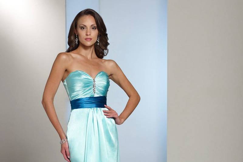 BY11240	Strapless crepe back satin A-line gown with sweetheart neckline, directionally ruched bodice pinched with center jeweled accent, ruched Empire waistband, softly draped skirt. Removable straps included. Available in all crepe back satin colors.