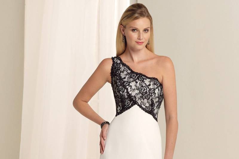 BY11335
One-shoulder chiffon A-line gown with asymmetrical neckline, softly scalloped hand-beaded lace bodice with inverted Basque waistline and zipper back. Available in all chiffon colors with only Black or Ivory lace.
