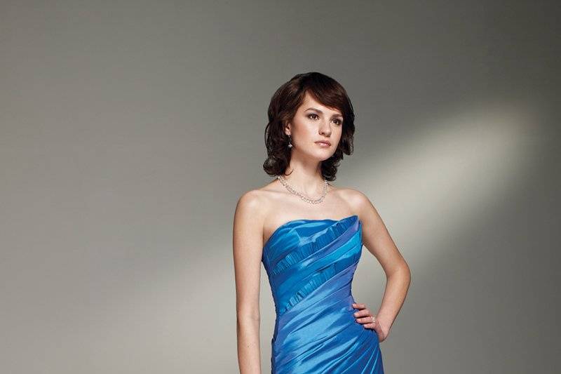 BY21263
Strapless asymmetrically ruched taffeta slim A-line gown with pleated trim, layered bottom skirt, corset back. Removable straps included.