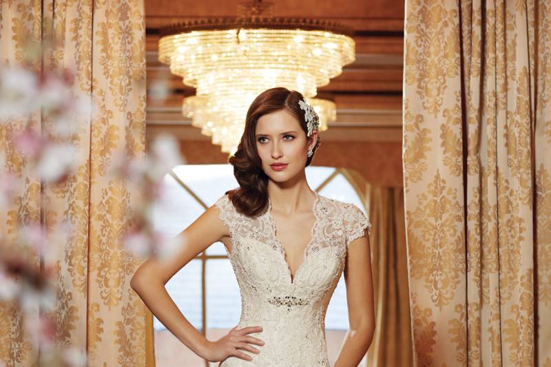 Style #y11413<br>
Dream taffeta and richly embellished lace marry seamlessly in mermaid gown Selyse with dropped waist. Sheer tulle and scalloped lace cap sleeves spill into a plunging V-neckline, subtly softening the sweetheart bodice with hand-beaded accent under the bust. For the bride who wishes to make her groom swoon with desire, Selyse also features a dramatic keyhole back finished with a zipper trimmed with diamante buttons.
