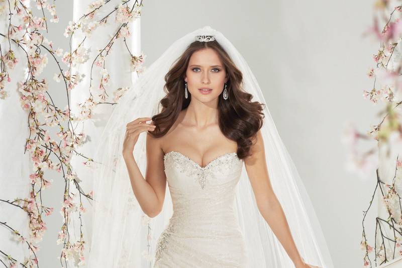 Style #Y11415<br>
Simultaneously angelic and sensual, slimming side draped lace A-line gown Roslin is simply elegant. Delicate hand-beading highlights the strapless sweetheart neckline while a matching beaded brooch adorns the side hip. A sweep train and back corset closure complete the gown.