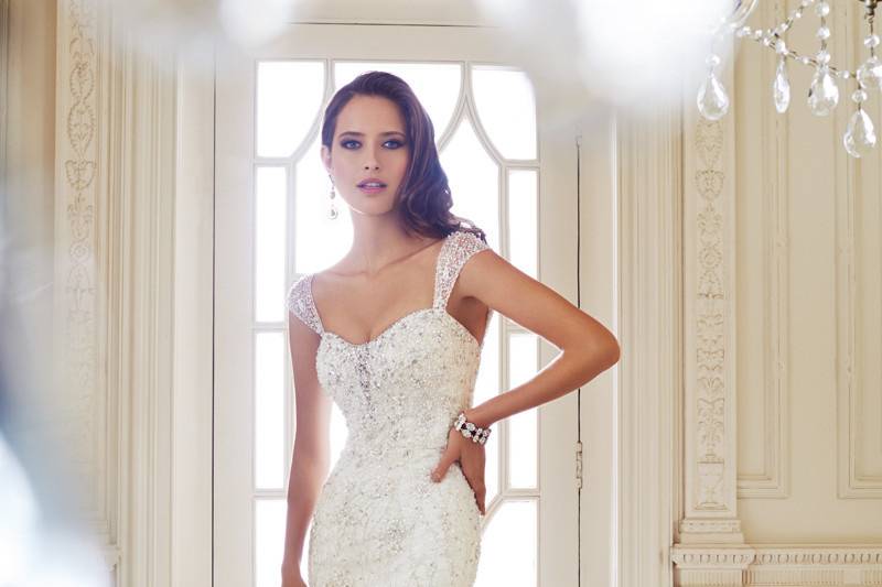 Y21438 - Luise<br>
2014 Collection – Live out a romantic fantasy with Luise, a sparkling mermaid gown in misty tulle. Decadent embroidery and crystal hand-beading adorn the subtly scooped neckline, sheer cap sleeves and figure-flattering bodice with a dramatic dropped waist. Embroidery and beading cascade down the skirt and chapel length train.