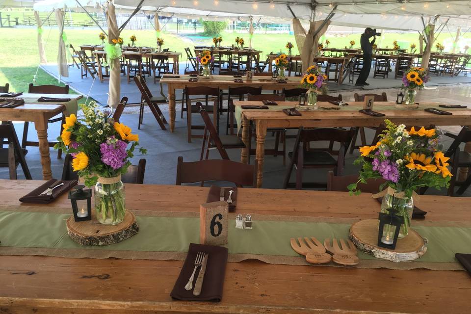 Country wedding, farm tables, burlap, wood coasters, lanterns