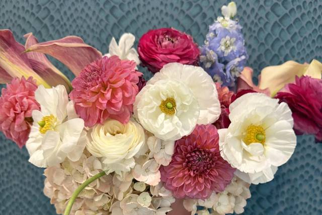 Dahlia, ranunculus, delphinium