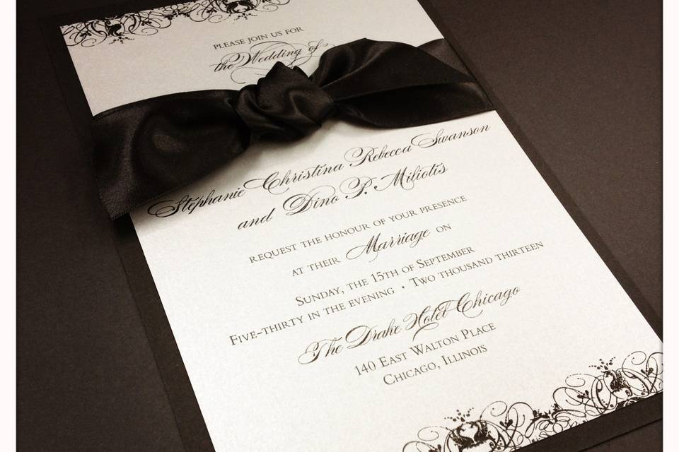 Wedding invitation with black ink on silver paper by Mi-Te