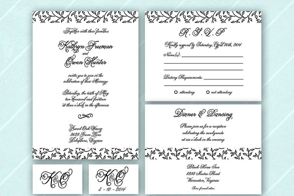 Wedding Invitation Suite, including invitation, custom monogram, response card, and reception information card.