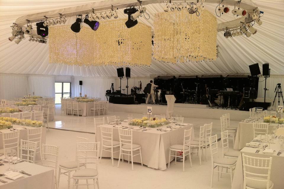 Hanging orchid displays over white dance floor