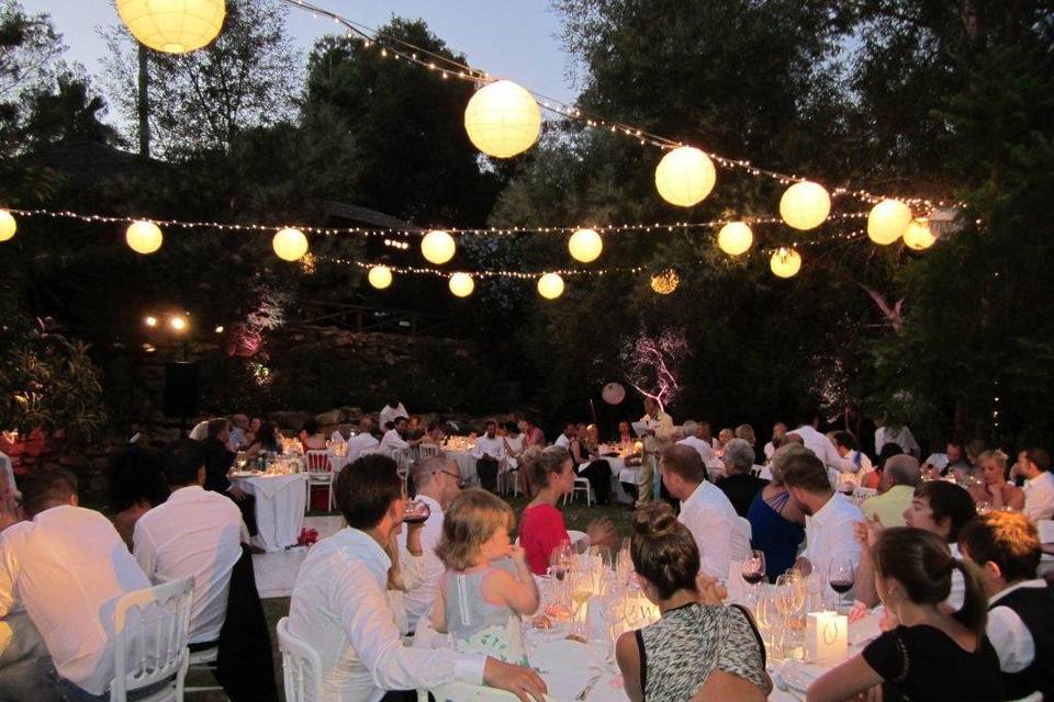 Wedding breakfast and party in garden of Villa in Spain