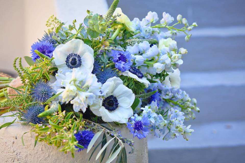 Blue and white bridal bouq