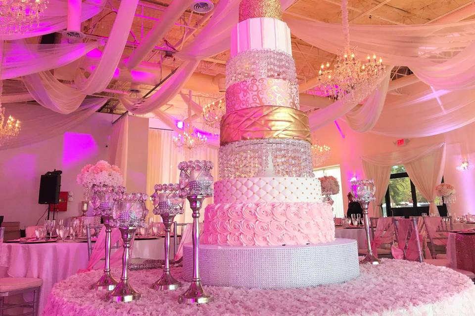 Pink and gold wedding cake