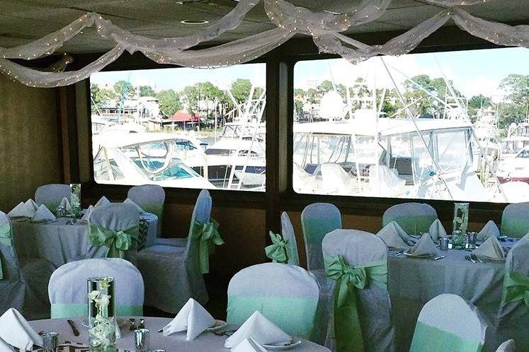 Spring colors and chevron for this spring yacht wedding and reception for the SOLARIS Yacht Sandestin Florida, created by in-house wedding planners