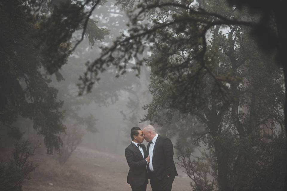 Mark & Scotts Engagement Shoot on a foggy winter morning on Mt Charlseton outside of  Las VEgas