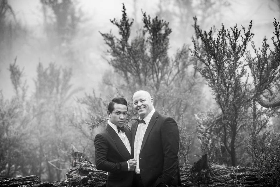 Mark & Scotts Engagement Shoot on a foggy winter morning on Mt Charlseton outside of  Las Vegas