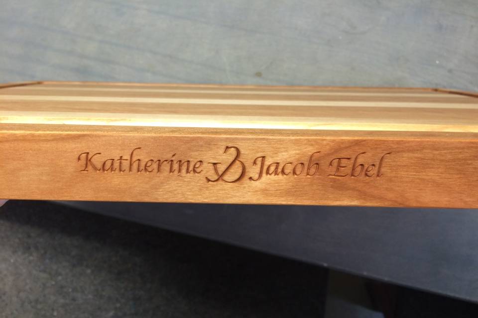 An example of a custom cutting board we made for Katherine & Jacob. Everything is customizable, including the font!