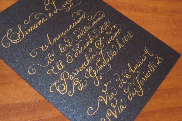 Hand Calligraphy invitation- metallic blue paper with gold ink