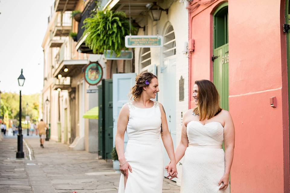 Brides holding hands