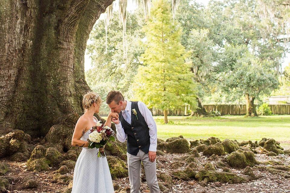 Groom kissing bride's hand