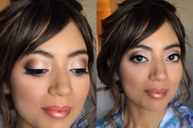 Shimmery eyeshadow with peachy lip