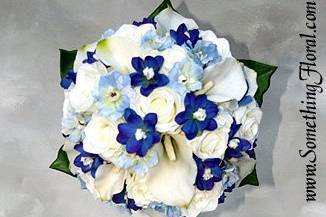 Garden style bridal bouquet of high quality artificial/silk callas, roses, and delphinium, designed by Something Floral.