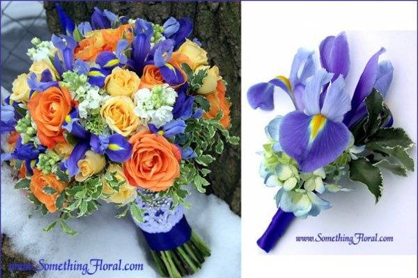 Garden-style, hand-tied bridal bouquet and coordinating groom's boutonniere featuring roses, iris, and hydrangea, designed by Something Floral.