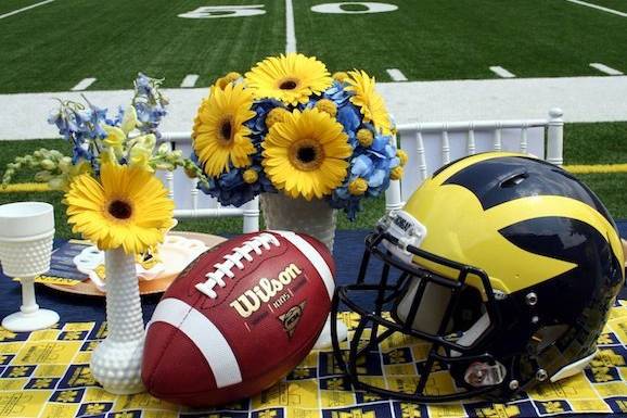 University of Michigan, football themed tablescape with fresh centerpieces designed by Something Floral.