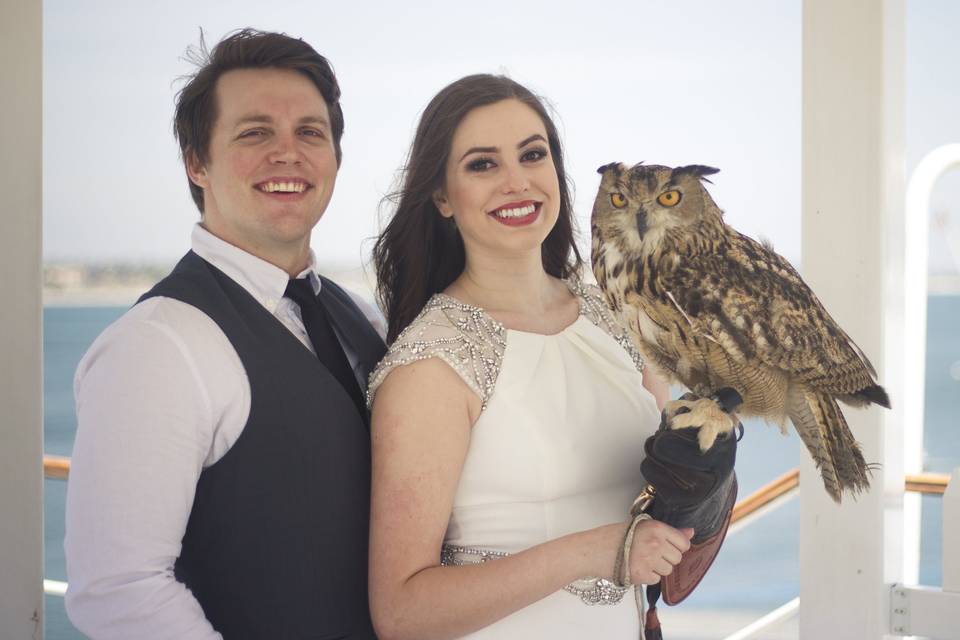 Engagement photo with owl