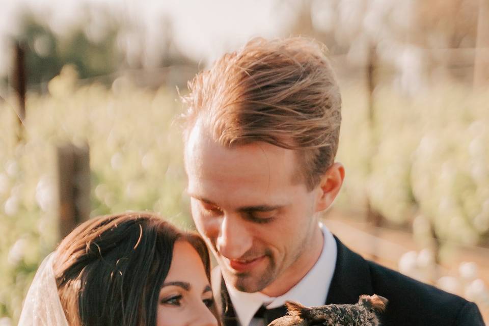 Bride and groom hold owl