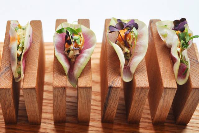Watermelon radish taco smoked tofu and pickled