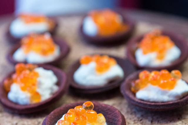 Beetroot tart with horseradish cream and trout