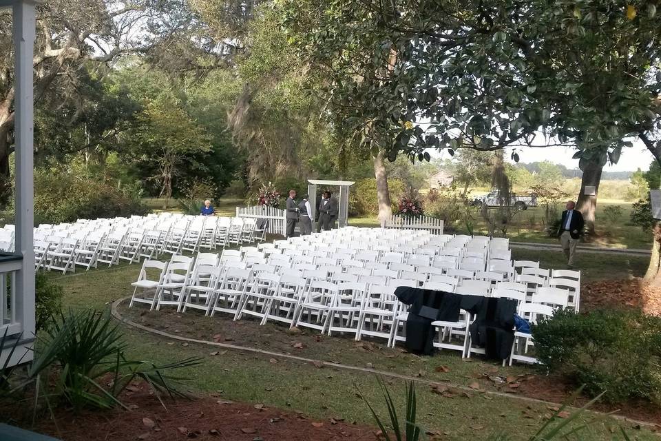 East lawn can accommodate 150 chairs for ceremony on east porch.  Many other options are available.