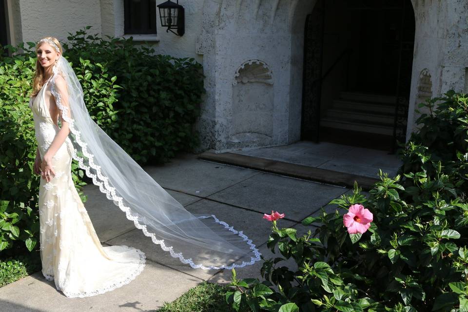 Beautiful lace beaded low back wedding gown. long cathedral lace veil.